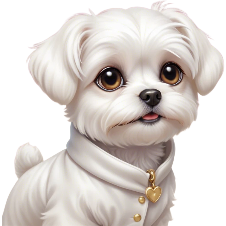 Cinematic Cute Maltese Portrait Emoji, Head tilted playfully and inquisitively, featuring a luxurious, silky white coat with a healthy sheen, round, sparkling dark eyes filled with curiosity, Simplified yet irresistibly adorable features, highly detailed, glowing with a warm, friendly glow, high shine, affectionate and lively, stylized with a touch of whimsy, bright and endearing, soft glowing outline, capturing the essence of a mischievous yet loving companion, so playful it feels like it could scamper out of the screen and into your arms! emoji