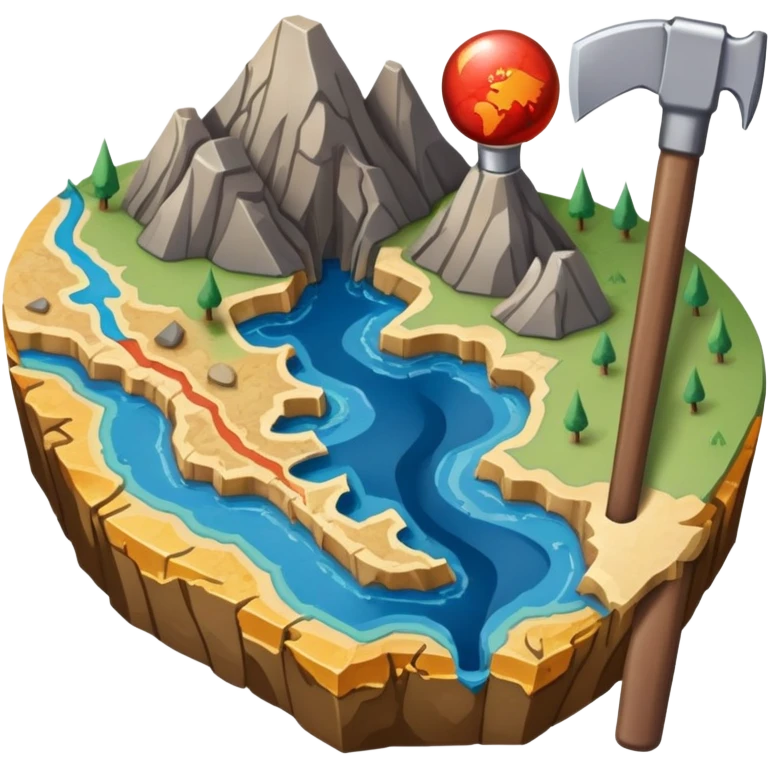 An icon featuring a pickaxe and a geological map, and layers of Earth’s crust, symbolizing geology. The design includes mineral samples, fossils, and tectonic plates, representing the study of Earth’s structure and natural processes. Transparent background highlights geological exploration emoji