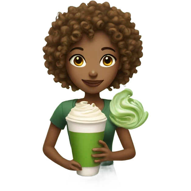 curly hair girl holding matcha latte  emoji
