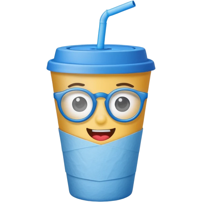 drink in a paper cup and straw, the cup has eyes and mouth and glassess emoji