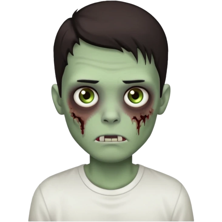 Um garoto zombie de cabelo castanho escuro, quase preto, com um cabelo médio, com olhos castanhos esverdeados, de camisa branca emoji