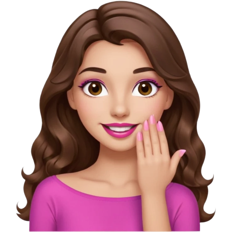 girl with long wavy brown hair, brown eyes, long lashes makeup, pink lips, light to medium complexion, pink sexy top, smiling, hand covering the mouth, emoji