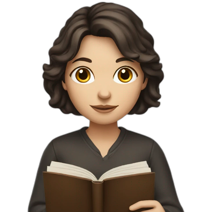 White woman with dark brown hair holding a book emoji
