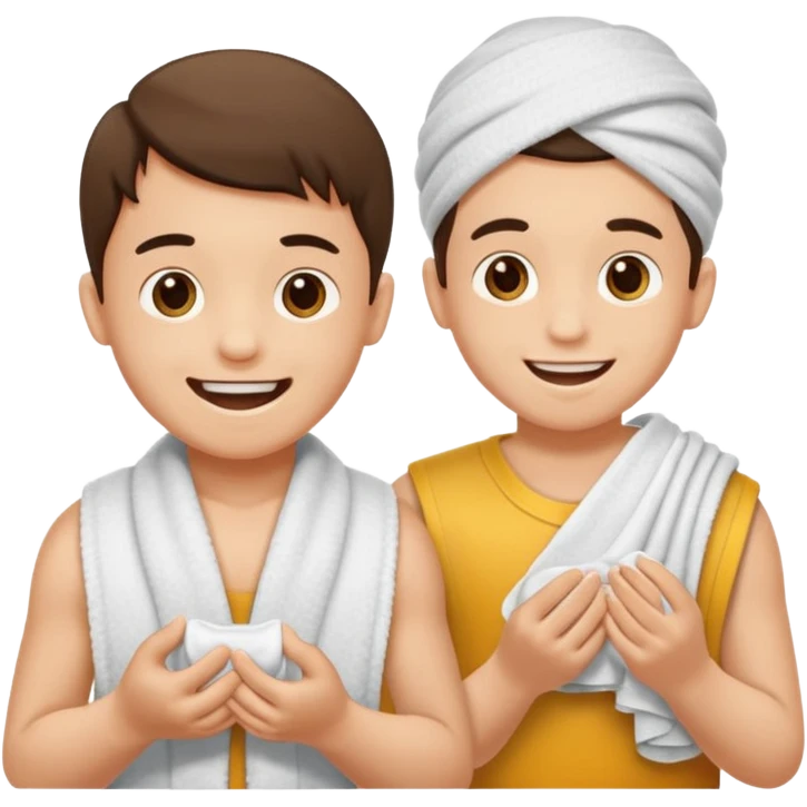 un niño pequeño y un hombre jugando al juego de tirar la soga, en vez de soga una toalla blanca emoji