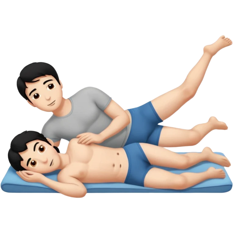 Мужчина и женщина спять в одной кровати, муж - черные волосы, в трусах лежит прямо на спину. На правой руке лежит голая девушка.на левый в бок, на правой руке мужа. Жена поставила правую ногу на живот мужа. emoji