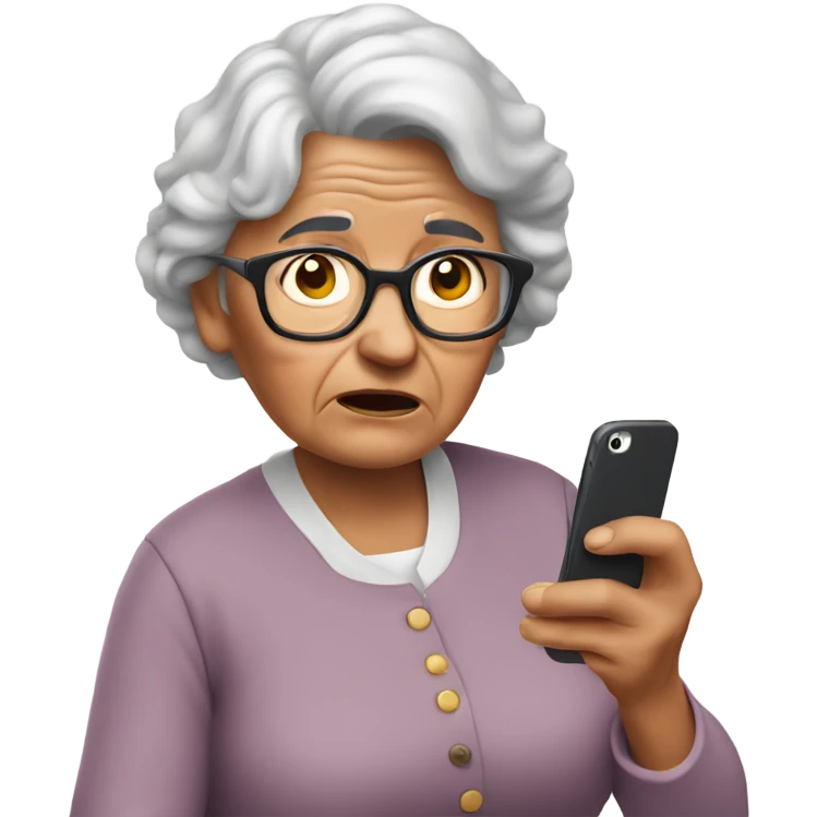 Confused grandma holding an iPhone emoji