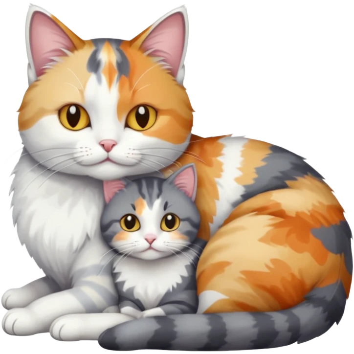 full body colourful light patched calico + white tabby cat cuddling a grey and white cat  emoji