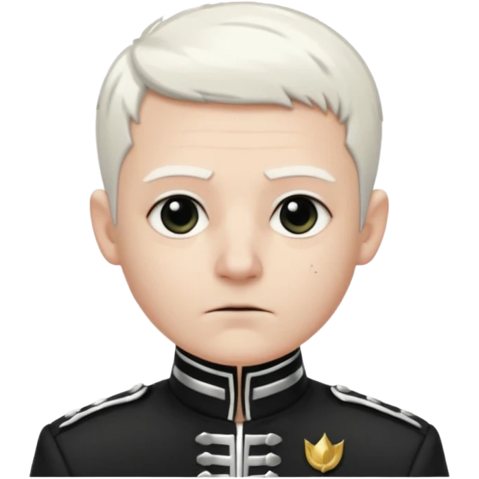 Head and shoulders emoji of a pale man with short white hair, wearing a black marching band jacket with silver trim. black eyeliner. Expression stoic, commanding, and theatrical, heroic emo style emoji