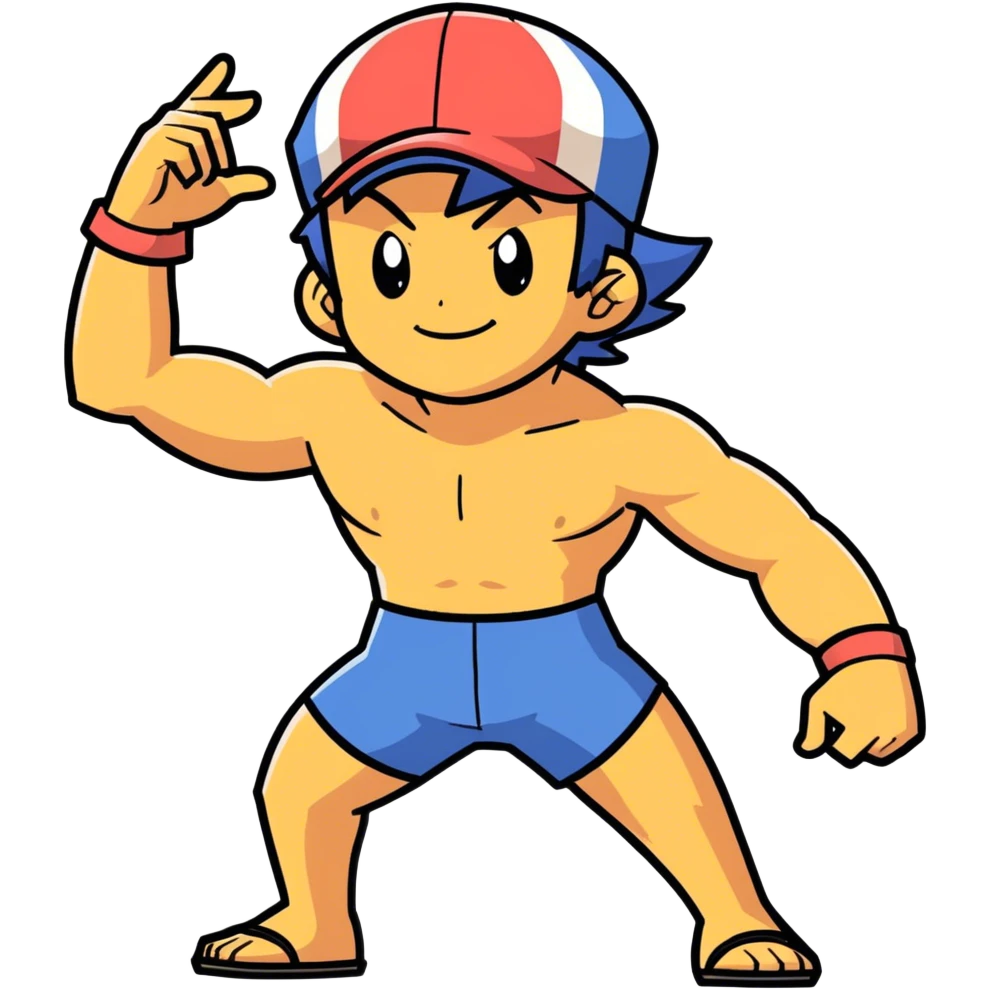 Bara style Hot handsome muscular 6ft 5inch tall smiling happy fun shirtless Ash Ketchum dancing to techno with two best friends in short swimwear emoji
