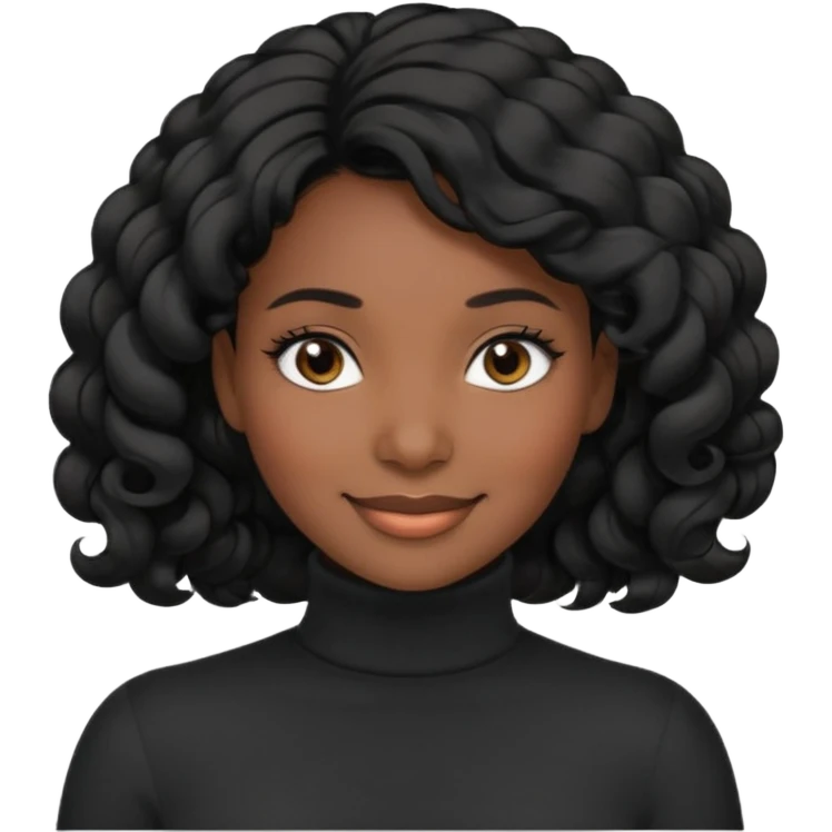Create a custom emoji-style character inspired by a smiling black woman with curled black hair, dark skin tone, dark eyes, and wearing a turtleneck.  emoji
