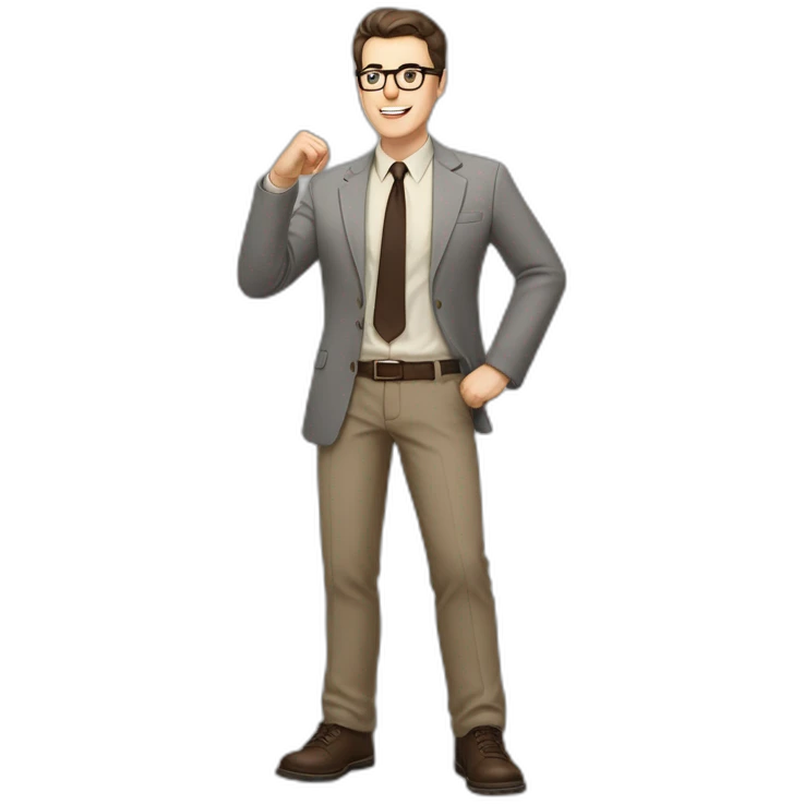 Full height Actively Gesturing Pale skinned fit man with dark brown hair in gray jacket, beige office shirt, brown tie, brown pants and vintage glasses. emoji