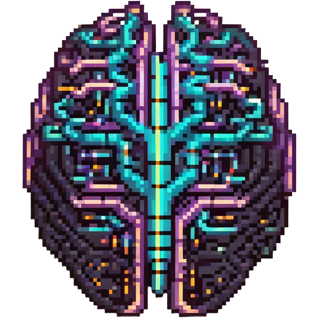 64x64 pixel art emoji of a futuristic AI brain with neon circuits, glowing nodes, and a digital shimmer emoji