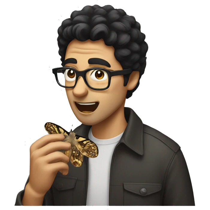 Man with black hair and glasses eating a moth emoji