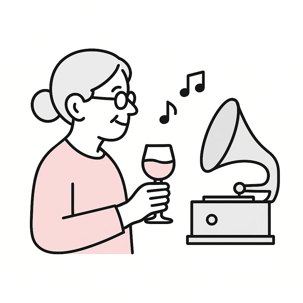 old lady with wineglass listening to gramophone emoji