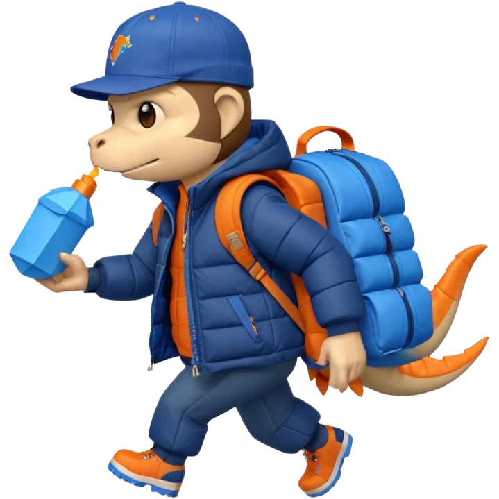 extremely angry monkey wearing dark blue puffer jacket, holding blue origami dinosaur roller backpack, wearing orange cap with Jurassic Park logo, Android emoji style emoji