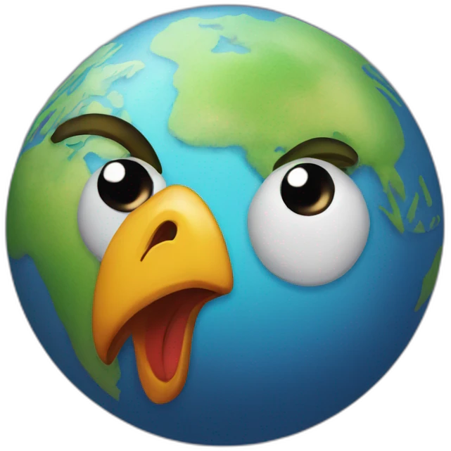 planet Earth with a cartoon chicken face with raised eyebrow emoji