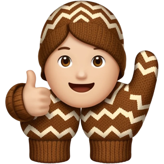 thumbs up fist in brown knit mitten with zig-zag beige pattern, no face emoji