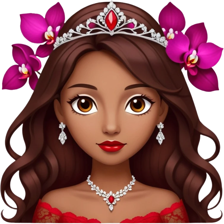 enchantress with brown eyes and tanned skin and long chocolate brown hair wearing a embellished scarlet red and white lace gown with orchid tiara emoji