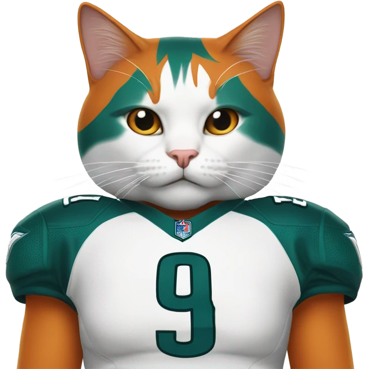 A cat he is white and orange, orange in the top of his head and ears and a orange mustache. Can you make him wear a Philadelphia eagles jersey  emoji