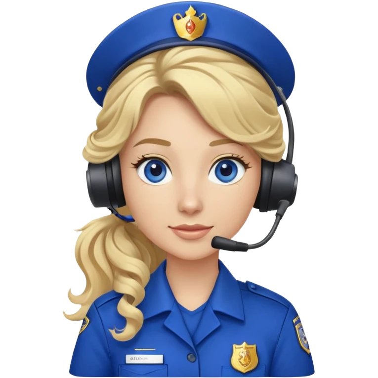 911 dispatcher wearing royal blue uniform with long blonde curly ponytail and blue/gray eyes emoji