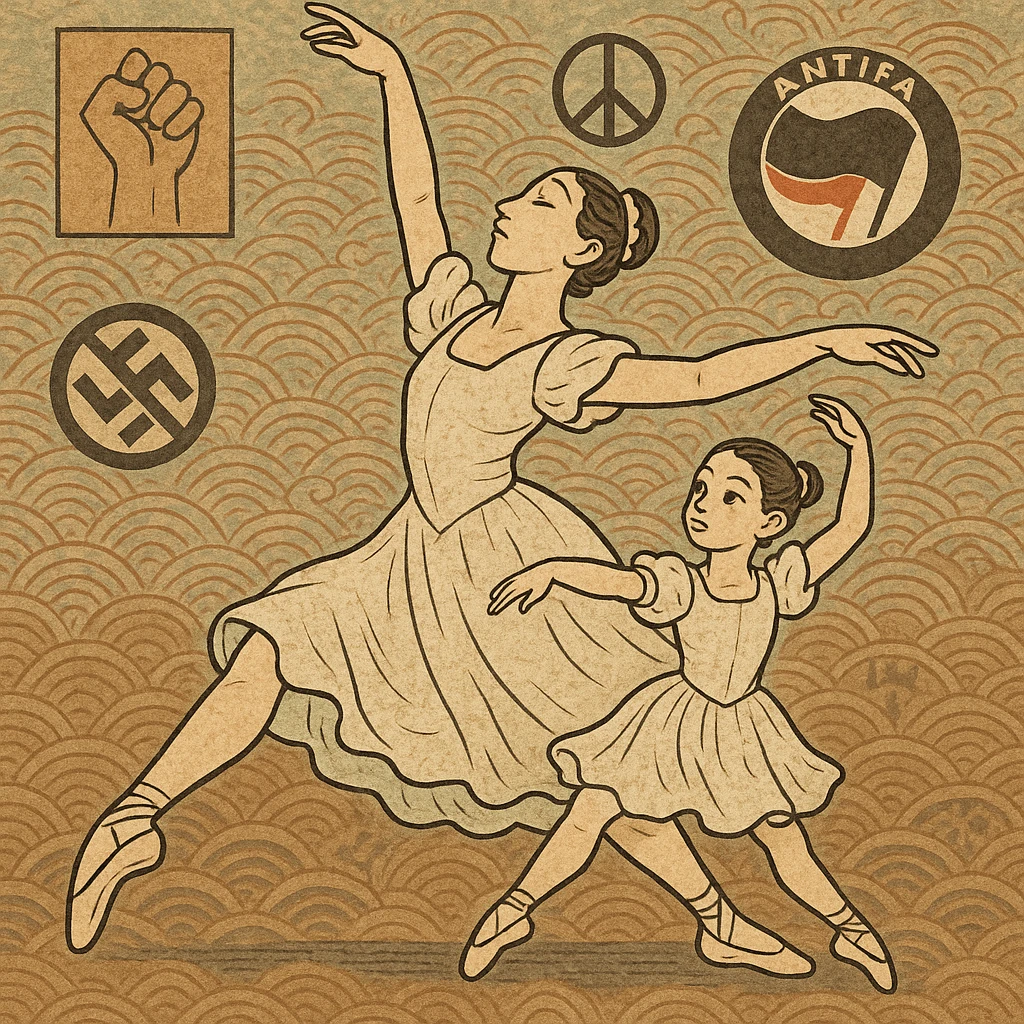 A pair of ballet dancers, one adult and one child, performing a dramatic pose while surrounded by protest symbols and anti-fascist imagery, unique illustration style emoji