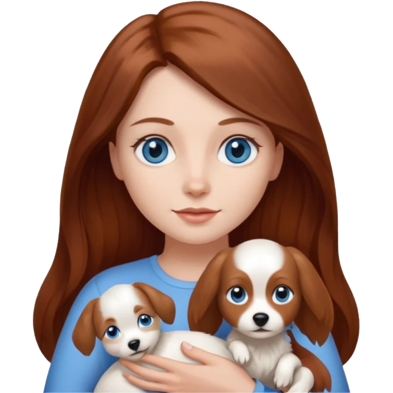 long hair chestnut color blue eyes woman holding small plain white dog emoji