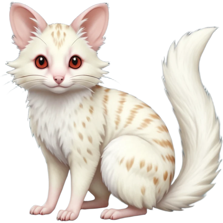 Albino-white, red-eyed soft natural realistic romantic vintage antique divine beautiful elegant pretty precious cute young youthful  Fakémon-Pokémon-opossum-feline-mouse-serval-caracal-chinchilla-Minccino-Cinccino-Meowstic-rodent-hybrid-creature with a big fluffy bushy tail (full body) emoji