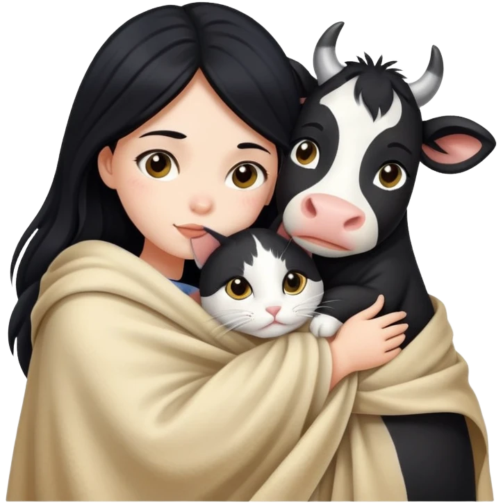 A girl with fair skin and long black hair wrapped in a blanket hugging a cow cat emoji