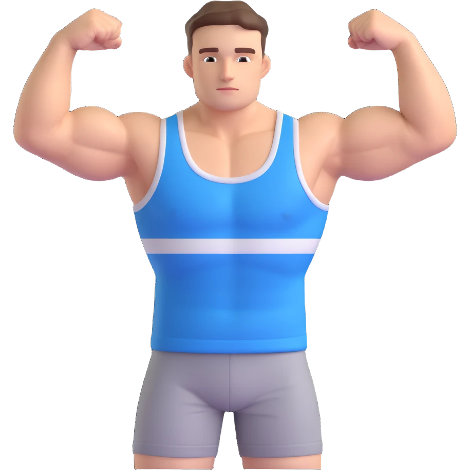 fit white man in a sleeveless shirt with blue and white horizontal stripes, flexing arms, minimal background emoji