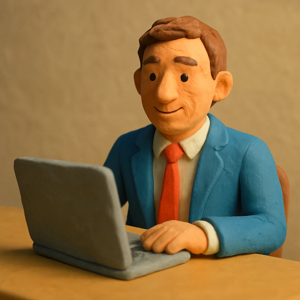 A 35-year-old male business coach sitting at a table with a laptop emoji