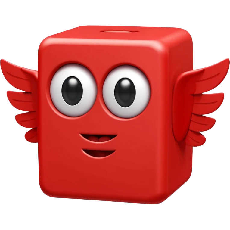 playful red cube figure with white accents, featuring large cartoonish eyes with question marks, a smiling mouth, and small wings attached to its sides emoji