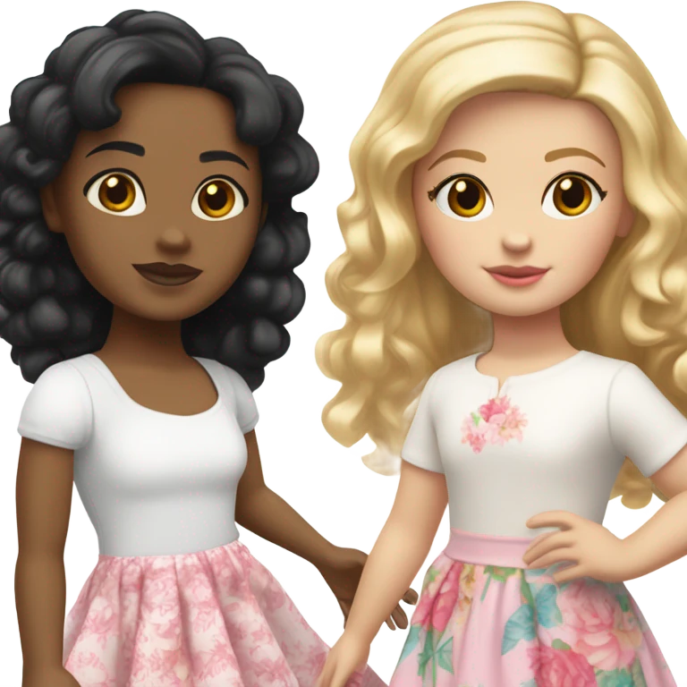  one  girl with short straight black hair and pale skin with white shirt and pink skirt on, one American girl with long curly dirty blond hair and a floral dress on.  Both are friends emoji