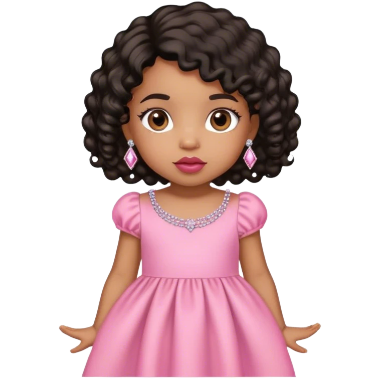 light brown skin tone, very adorable toddler, with big plump lips, long long lashes, black curly bob, brown eyes, pink dress, diamond stud earrings emoji