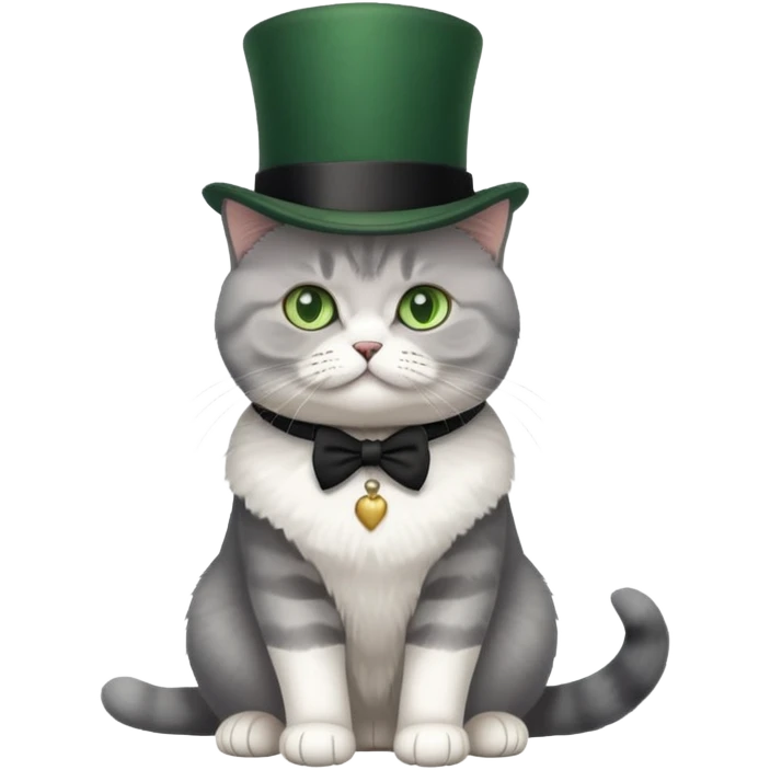 British Shorthair cat full body sitting with a top hat and green eyes emoji