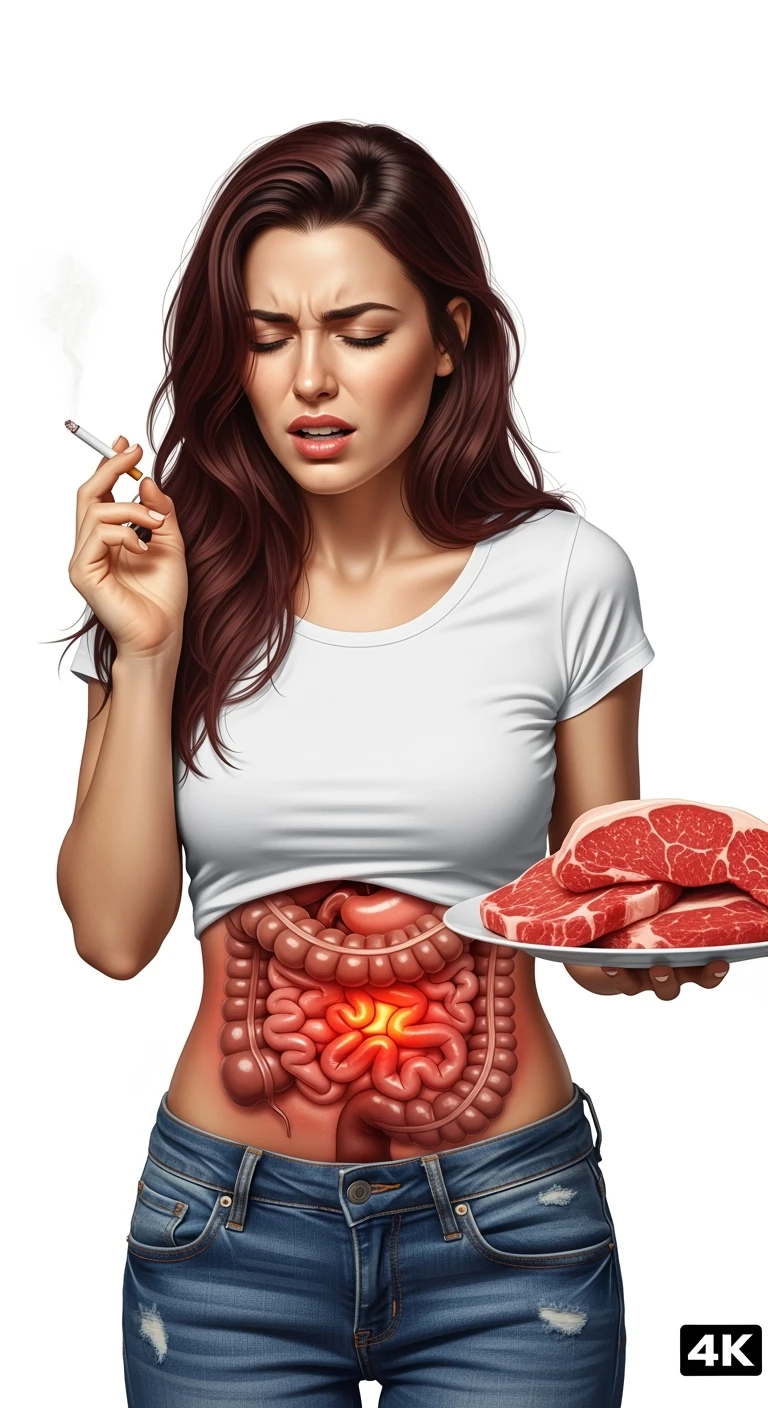 UNA DONNA REALISTICA CON UNA SIGARETTA IN MANO E UN PIATTO PIENO DI CARNE SIMMENTAL NELL'ALTRA MANO, INTESTINO ANATOMICO INFIAMMATO VISIBILE, MAL DI PANCIA, ISOLATA SU SFONDO BIANCO, IPERREALISTICA 4K emoji