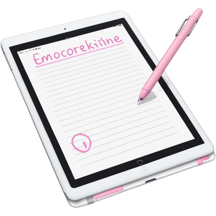 White iPad with pastel pink stylus on top of lecture notes, minimal setup emoji