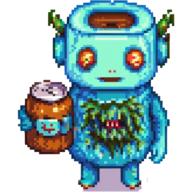 cartoon character strung out on Monster energy drink, wild eyes, jittery, holding a Monster can, pixel art style emoji