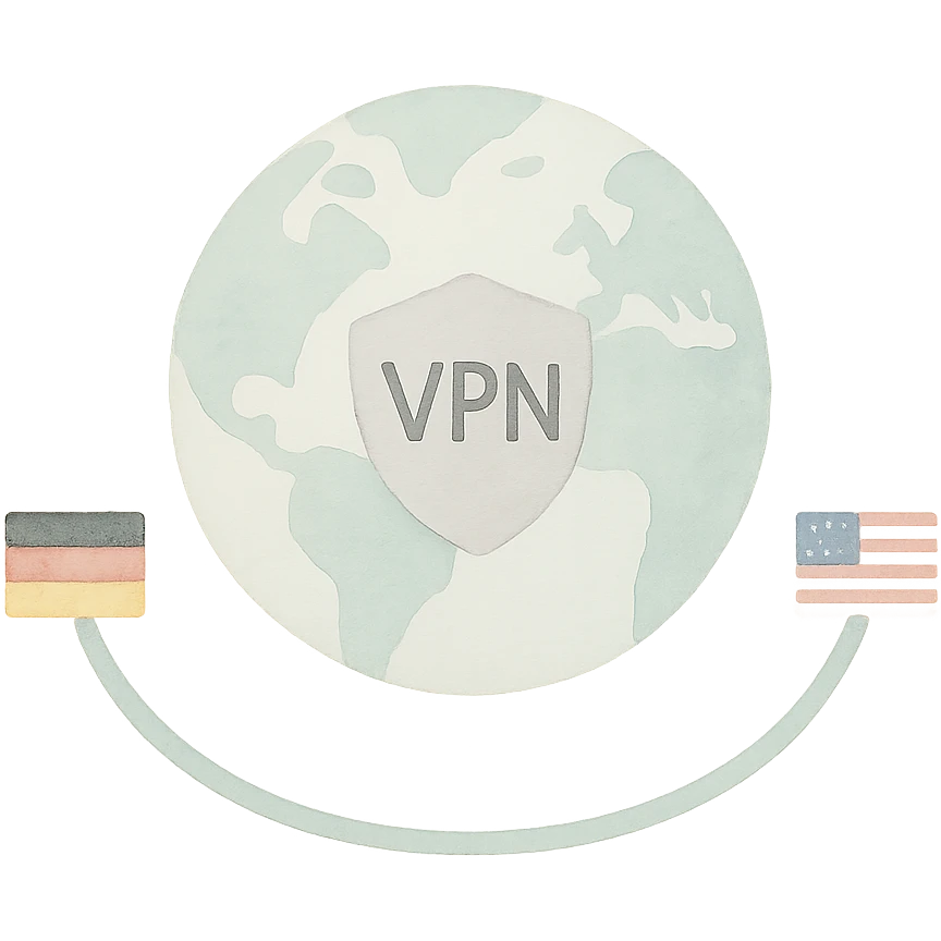 VPN globe icon showing a connection from Germany to the USA, watercolor style, no text, suitable for Instagram Reel emoji