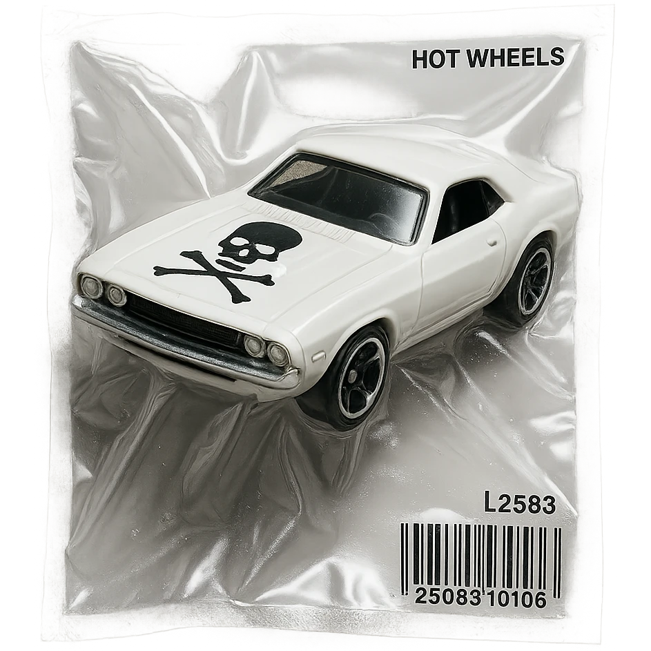 white 1971 Dodge Challenger Hot Wheels toy car, glossy and puffy, inspired by the movie 'Death Proof' emoji
