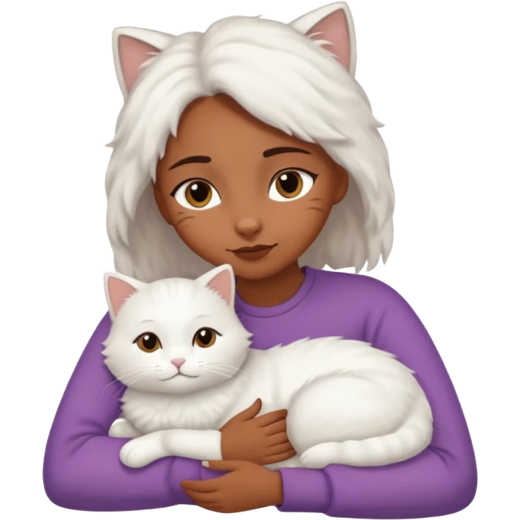 brown girl snuggling fluffy white cat, variation 2 emoji