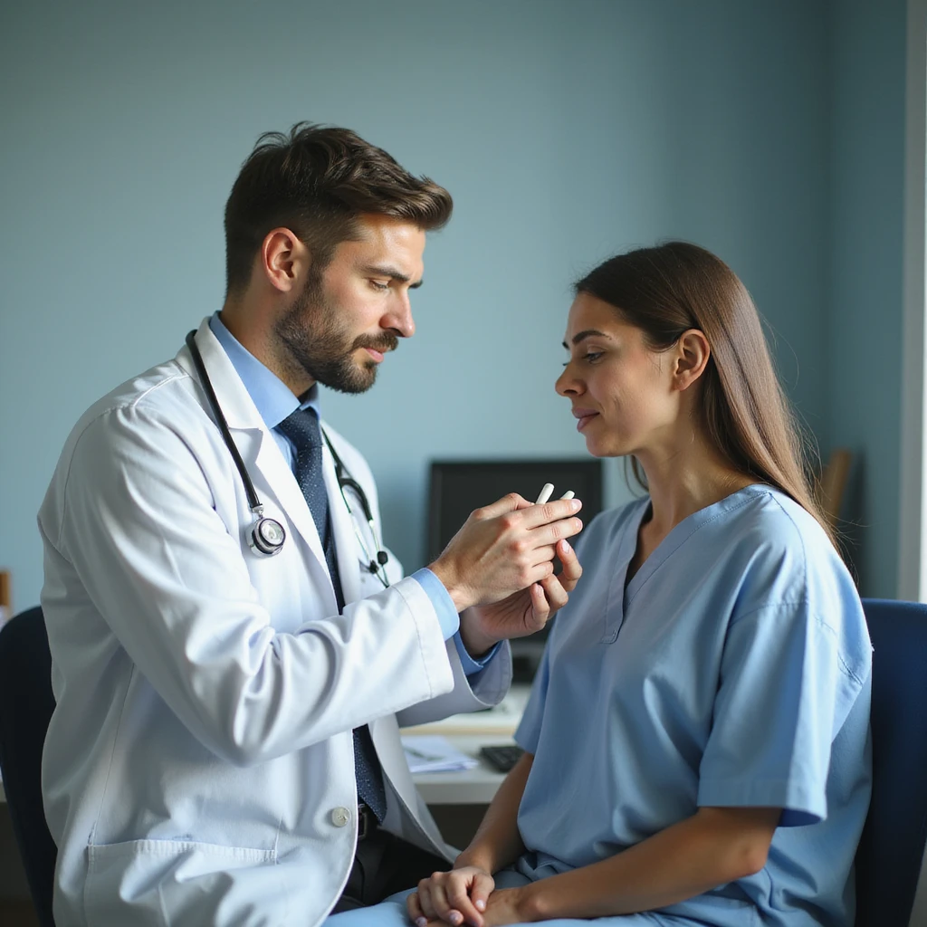 realistic illustration of a doctor in a white coat giving pills to a patient with a suffering expression, the doctor seems to ignore the cause of pain, medical office background, critical atmosphere emoji