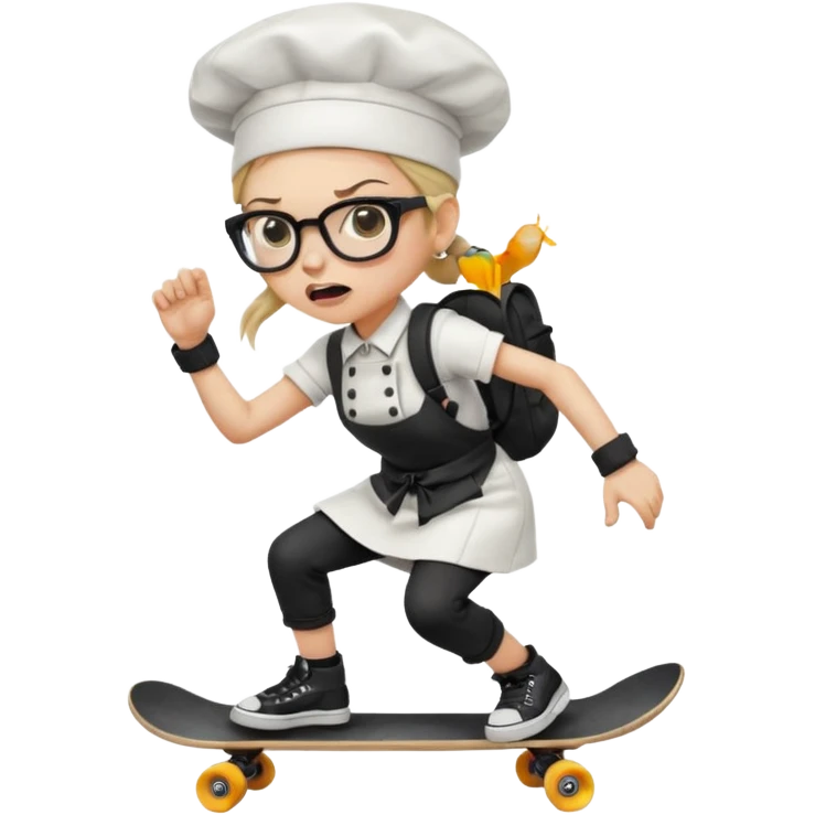 ["An angry woman with light skin, ponytail, wearing a chef hat and square glasses, dressed in goth fashion, is skateboarding while holding a backpack."] emoji