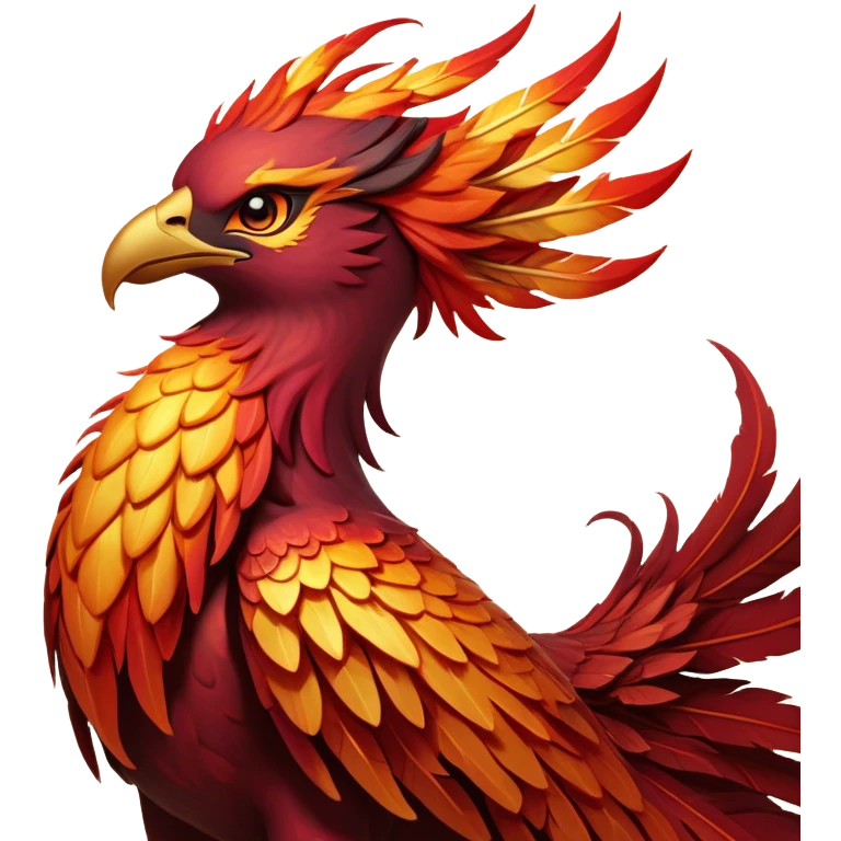 Cinematic Noble Battle-Hardened Mystical Fire Phoenix Portrait Emoji, with scorched, battle-scarred plumage in deep crimson, burnt gold, and smoldering ember hues. Its piercing eyes, hardened by countless conflicts, blaze with unyielding resolve and ancient wisdom. The elongated tail feathers bear vivid marks of fiery combat, rendered with lifelike texture and dynamic highlights, high shine, exuding an aura of mythic martial valor, focused and commanding, with a soft glowing outline that captures a phoenix forged in the fires of war. emoji