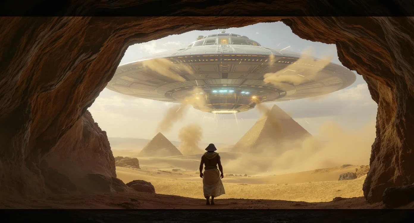cinematic still, documentary photography, acient egypt, back shot of a man dress in ancient clothes in cave (frame in frame effect) on ground laying front of ufo starship, sand flying around, dynamic scane, leading lines, captured by arri alexa, depth layers, piramids in babckground emoji