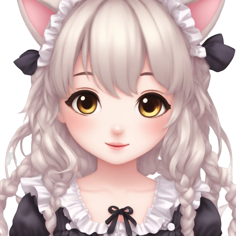 Gorgeous anime style catgirl with blushing face with maid outfit laces gothic Lolita idol model kawaiicore pastelcore cottagecore pearly petite simplistic aesthetic trending style emoji
