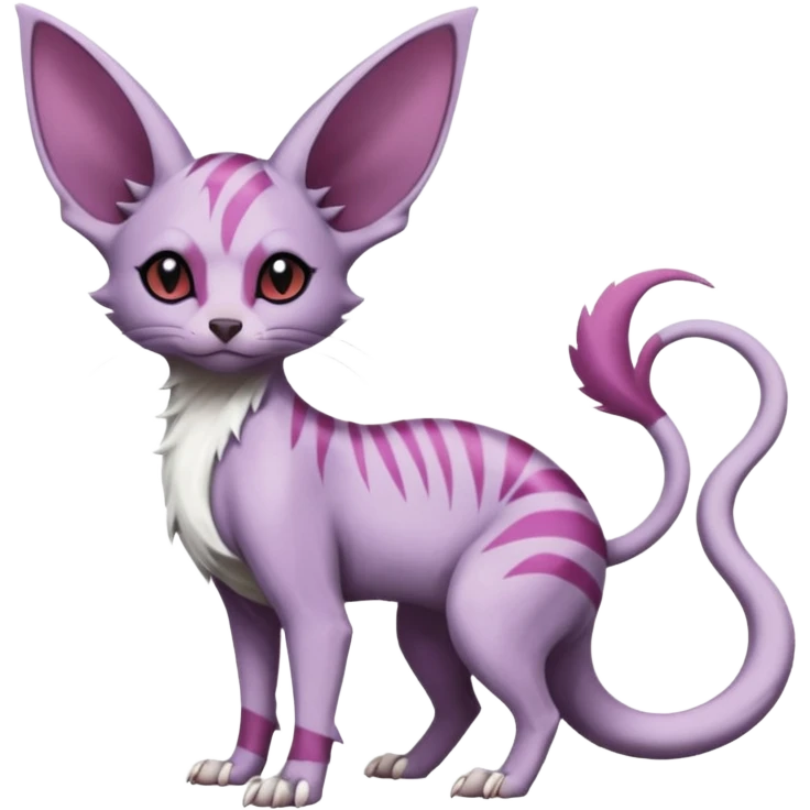 Furry, Purple, white, black, Minccino-Sphynx-Lykoi-Linoone-Zangoose-fusion-hybrid-animal-Fakémon-creature, full body, thin long sleek scaly tail, intricate markings emoji
