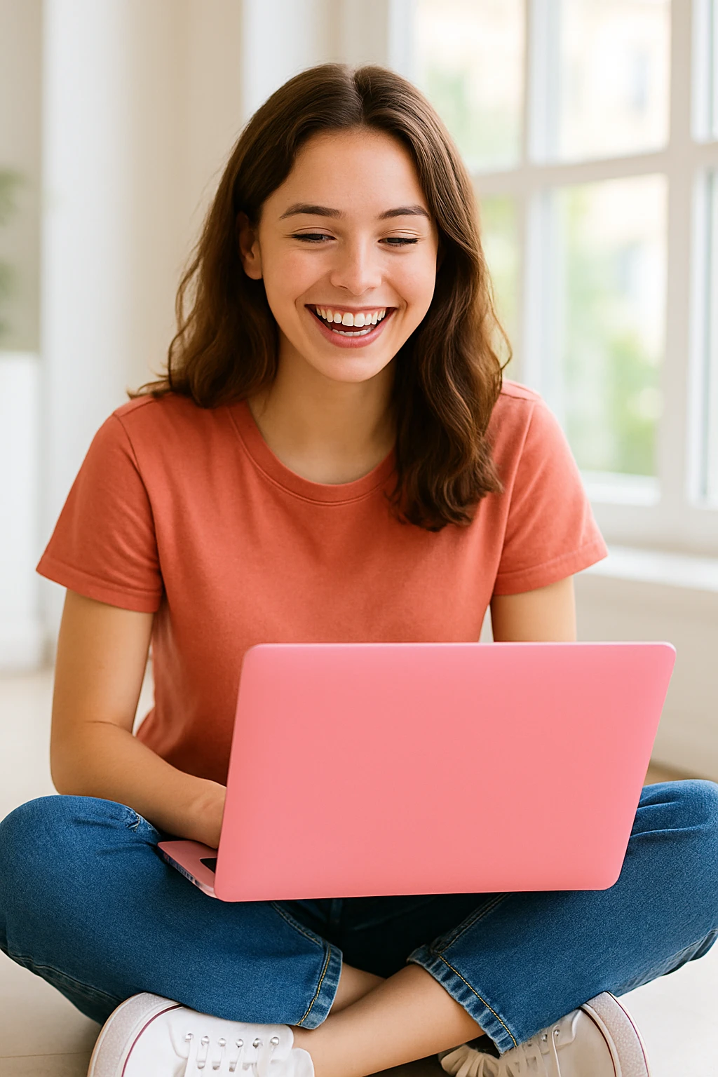 A girl with a pink laptop emoji