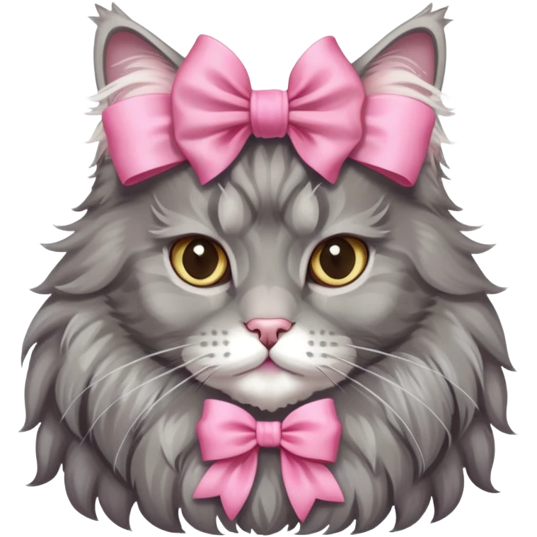 A grey Maine coon Wearing a pink Rococo style Bow ribbon emoji