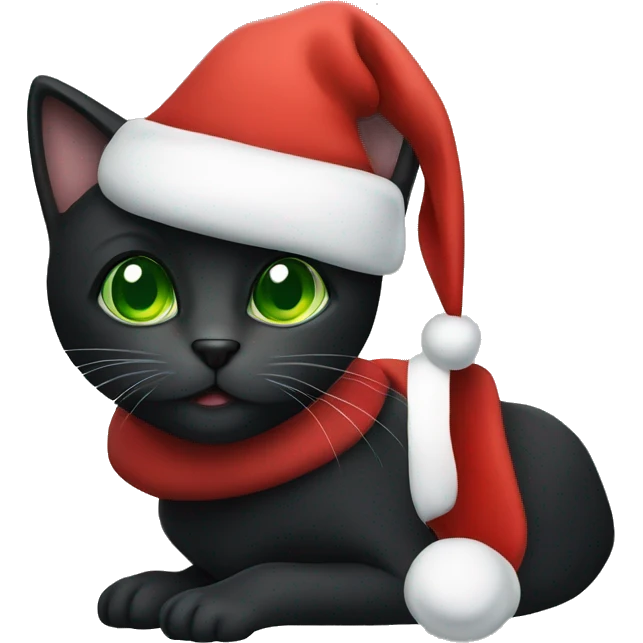 A black cat with green eyes wearing a Santa Claus hat emoji