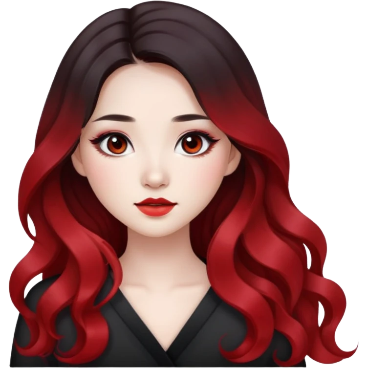 black ombre to red long wavy hair, pretty bratz baddie, pale skin, dark brown eyes, asian pretty bratz baddie emoji